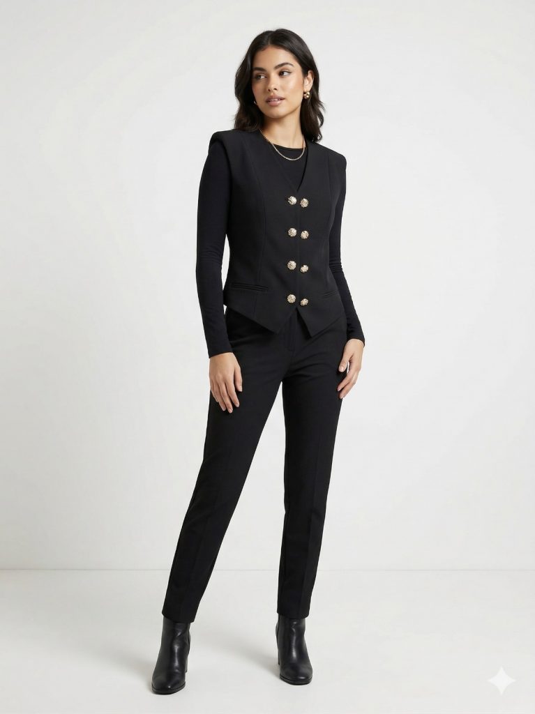 FEVER Vatkalı ve Gold Düğme Detaylı Kadın Yelek 15014 - Siyah