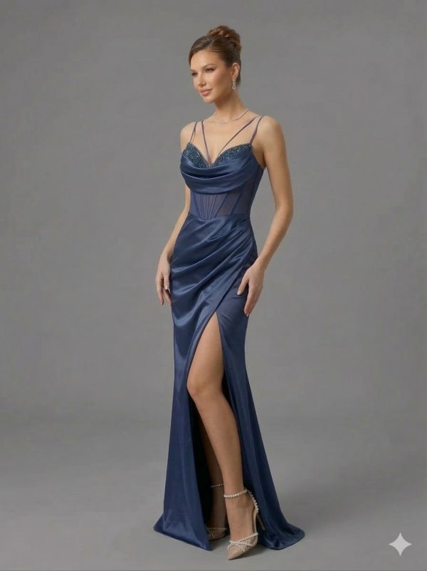 FİMKA Yakası Taş Detaylı Yırtmaçlı Elbise Abiye 5108