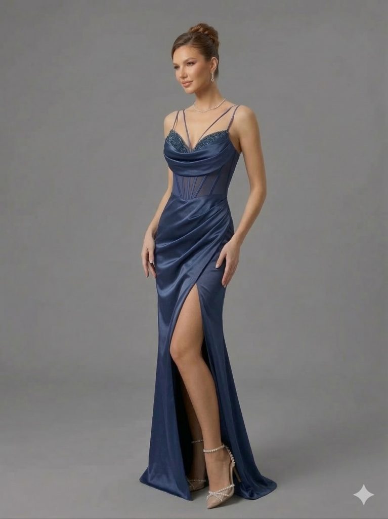 FİMKA Yakası Taş Detaylı Yırtmaçlı Elbise Abiye 5108 - İNDİGO