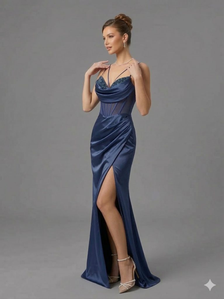 FİMKA Yakası Taş Detaylı Yırtmaçlı Elbise Abiye 5108 - İNDİGO