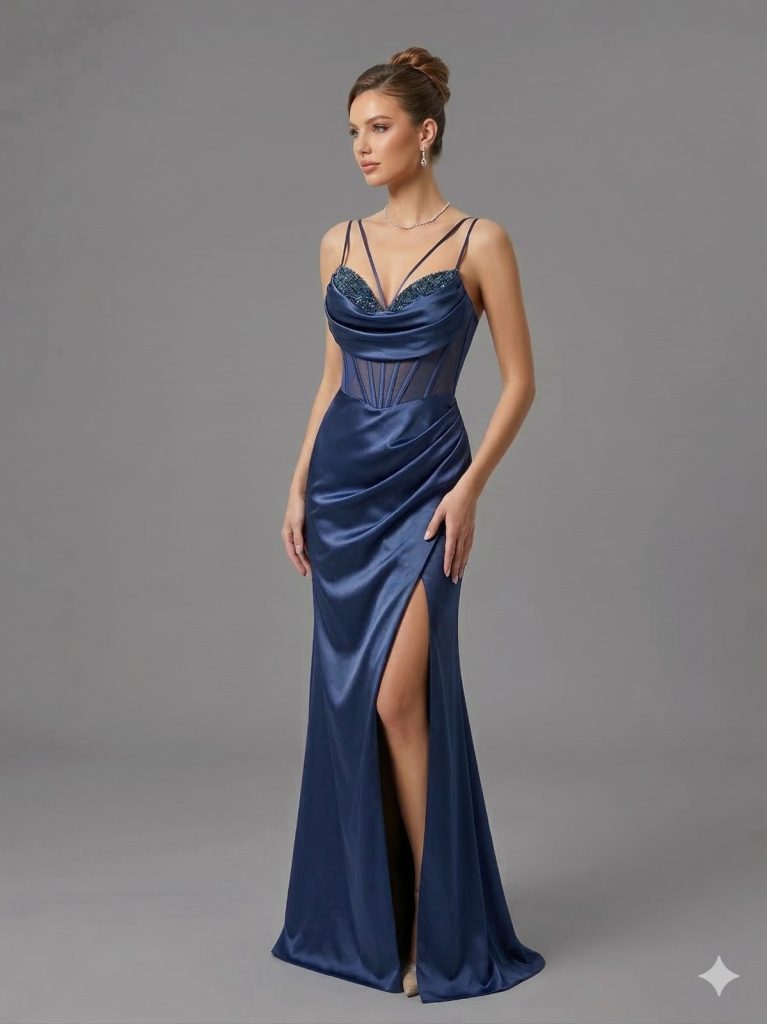 FİMKA Yakası Taş Detaylı Yırtmaçlı Elbise Abiye 5108 - İNDİGO