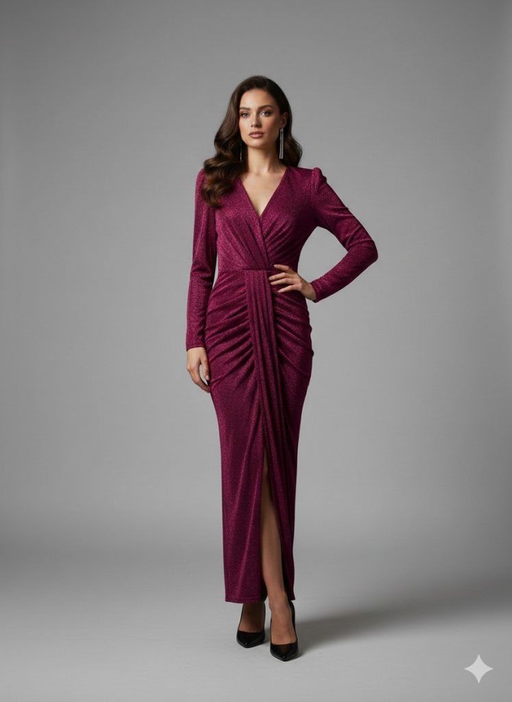 FİMKA Simli Dokulu Kruvaze Kesim Uzun Elbise 57666 - fusya