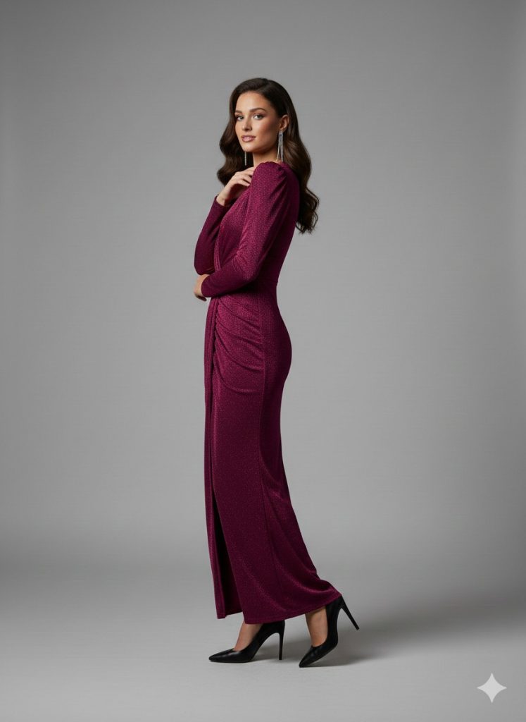 FİMKA Simli Dokulu Kruvaze Kesim Uzun Elbise 57666 - fusya