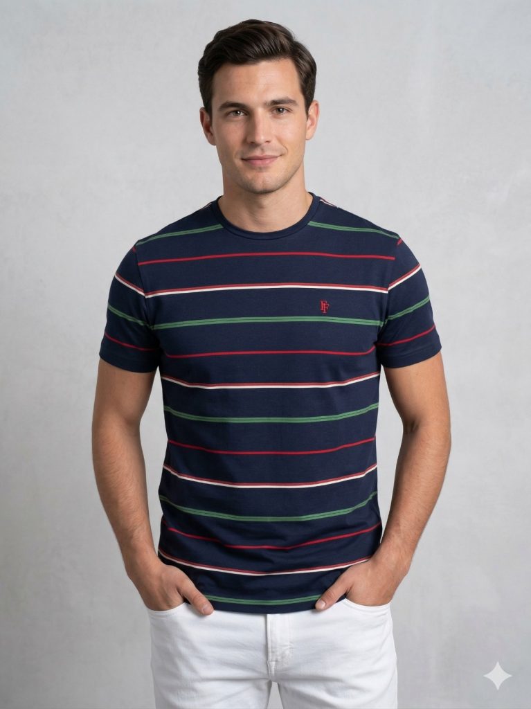 FORMENTİ Fit Çizgi Desenli Merserize Tişört 1511 - Lacivert