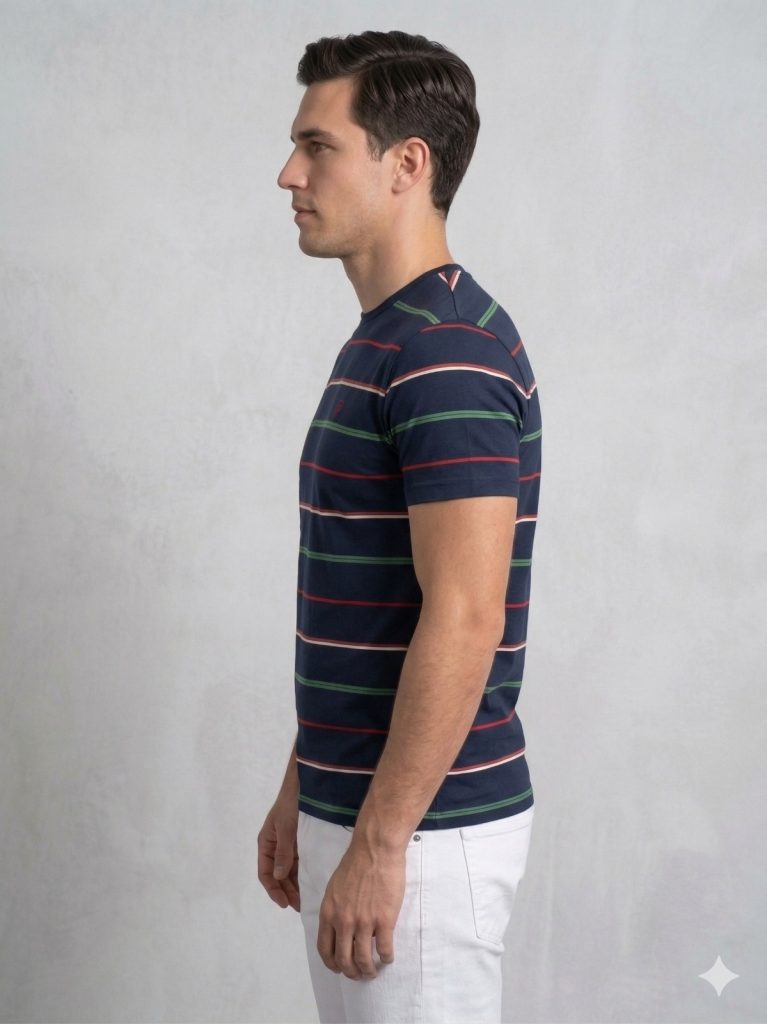 FORMENTİ Fit Çizgi Desenli Merserize Tişört 1511 - Lacivert