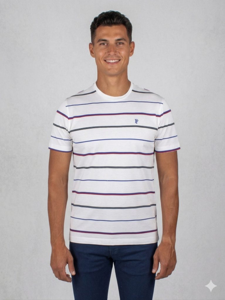 FORMENTİ Fit Çizgi Desenli Merserize Tişört 1511 - Beyaz