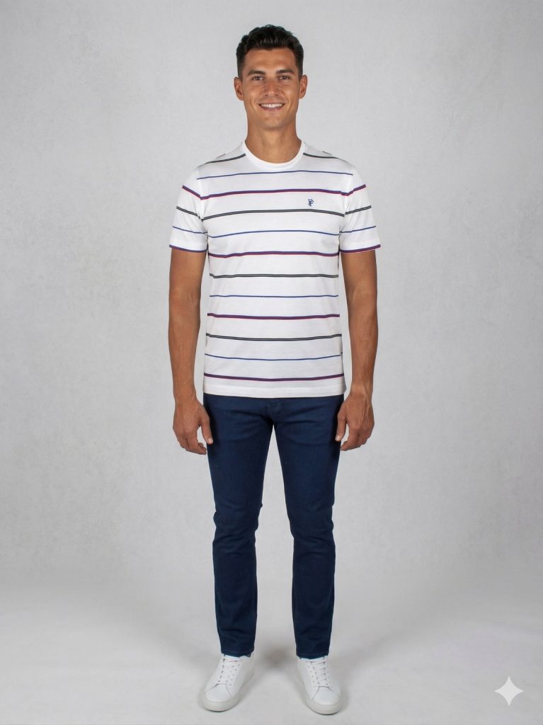 FORMENTİ Fit Çizgi Desenli Merserize Tişört 1511 - Beyaz