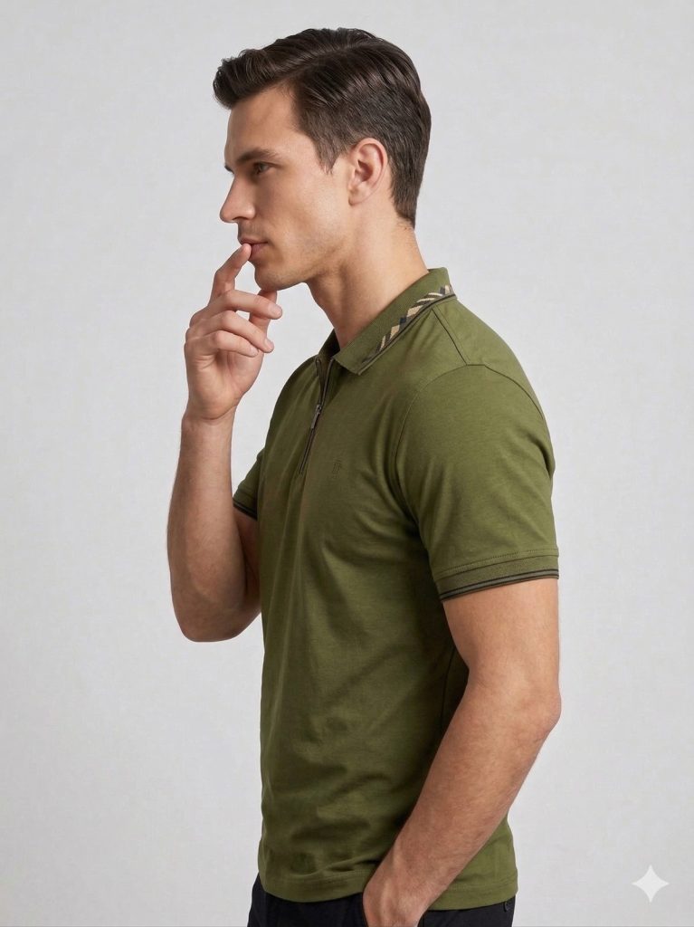 FORMENTİ Fit Polo Yaka Detaylı Merserize Tişört  1624 - HAKİ
