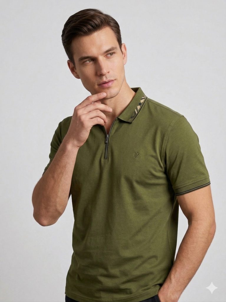 FORMENTİ Fit Polo Yaka Detaylı Merserize Tişört  1624 - HAKİ