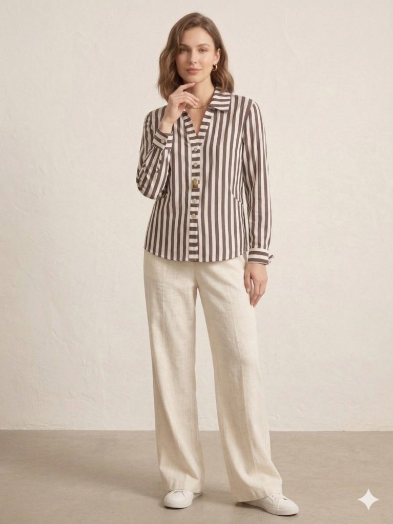 FEVER Çizgili V Yaka Düğmeli Kadın Gömlek 17010 - kahve