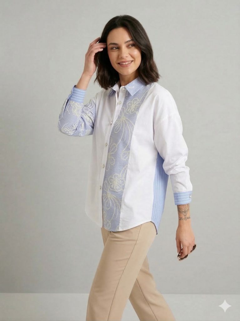 GHİSA Kendinden İşlemeli Gömlek 4045 - MAVİ