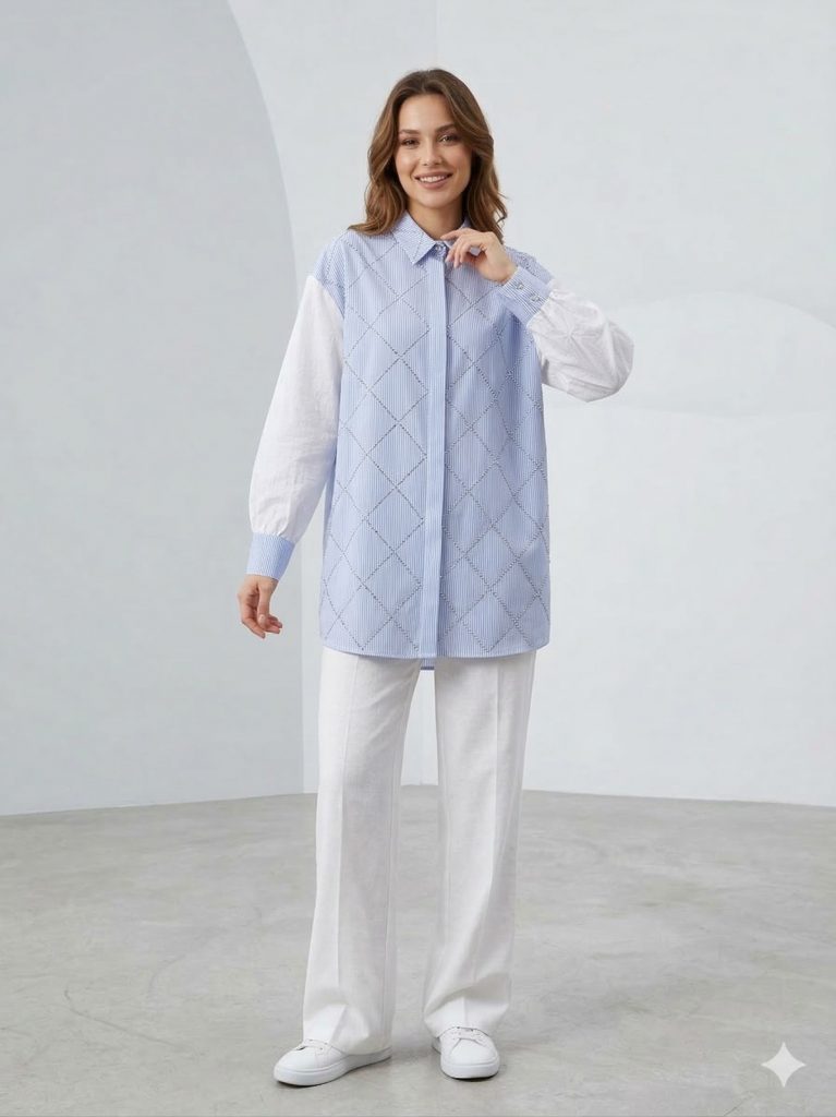 GHİSA Kendinden Taş Detaylı Gömlek 4617 - MAVİ