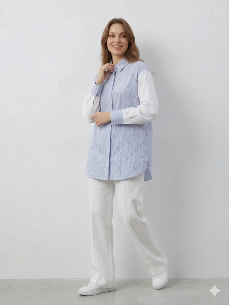 GHİSA Kendinden Taş Detaylı Gömlek 4617 - MAVİ