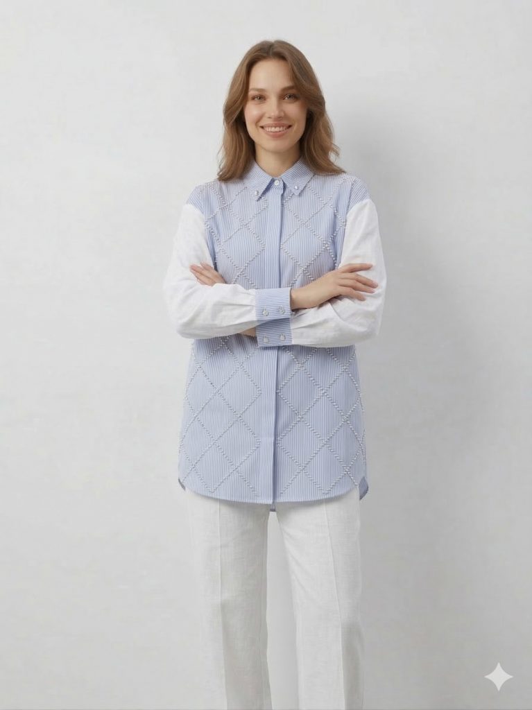 GHİSA Kendinden Taş Detaylı Gömlek 4617 - MAVİ