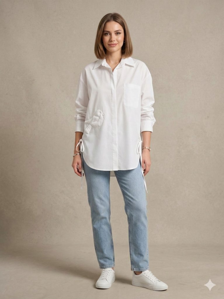 GHİSA Kuş İşlemeli Cep Detaylı Tunik 4197 - Beyaz