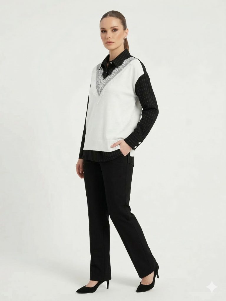 GHİSA Dantel Detaylı Gömlek Yaka Bluz 4315 - Siyah