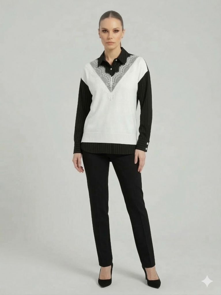 GHİSA Dantel Detaylı Gömlek Yaka Bluz 4315 - Siyah