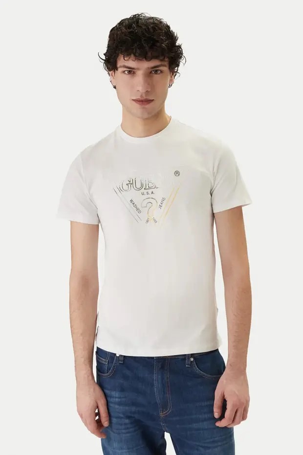 GUESS Bisiklet Yaka Kısa Kollu Üçgen Logolu T-shirt  M6GI11K2992 - Beyaz