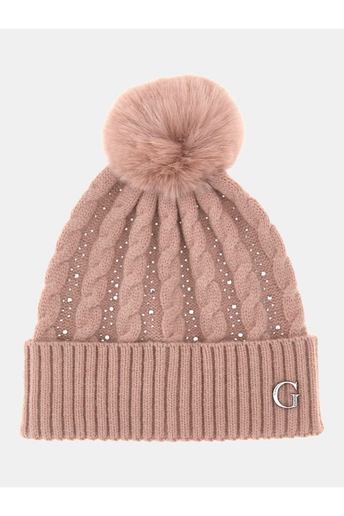 GUESS Knitted Taşlı Örgülü Bere AW5385POL01 - pembe