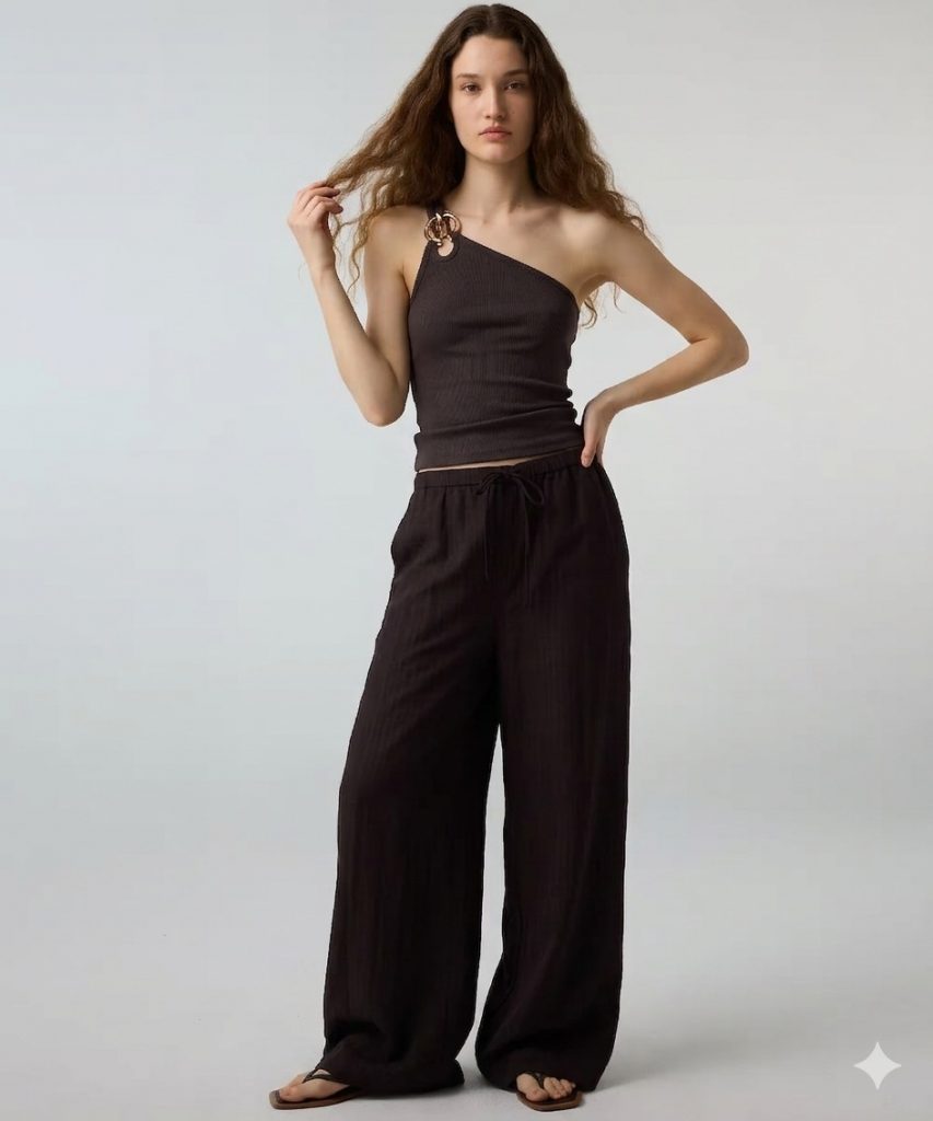 İPEKYOL Çizgili Wide Leg Pantolon IS1260003193 - kahve