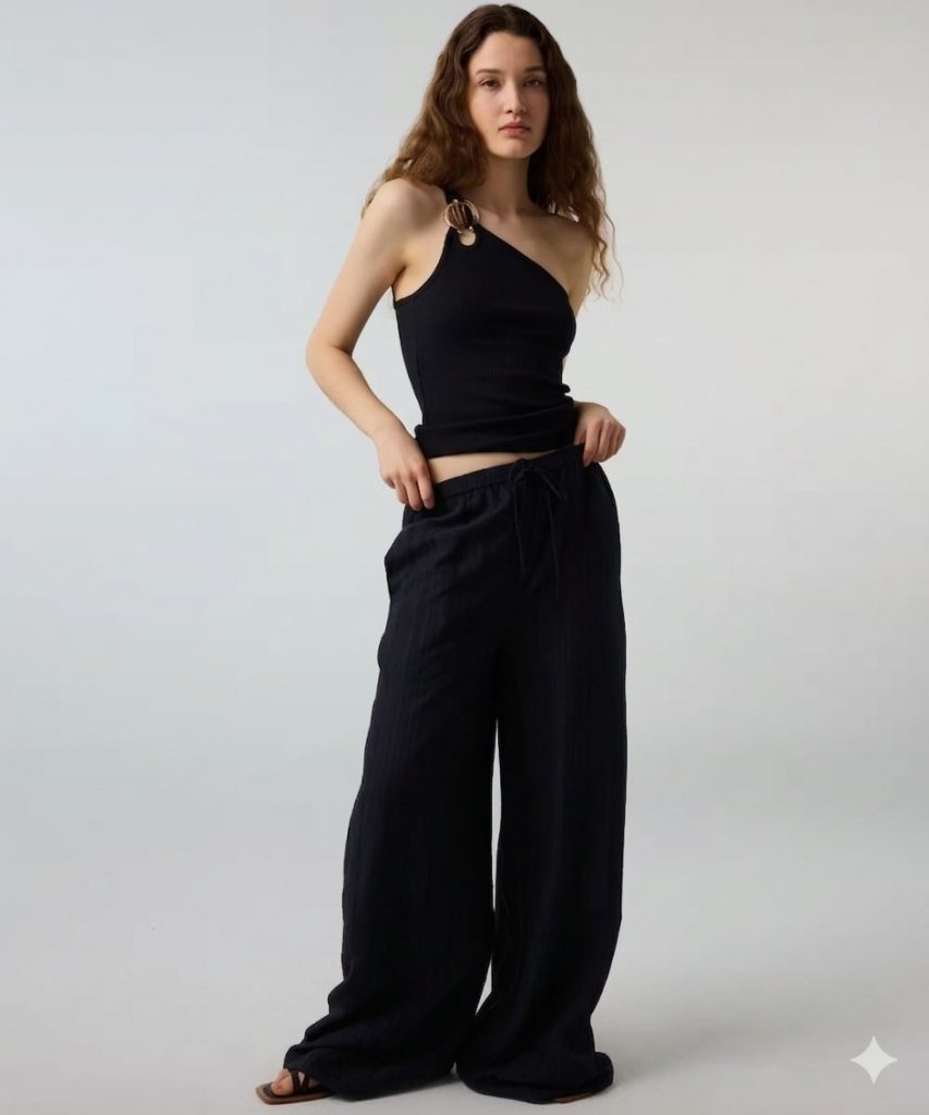 İPEKYOL Çizgili Wide Leg Pantolon IS1260003193 - Siyah