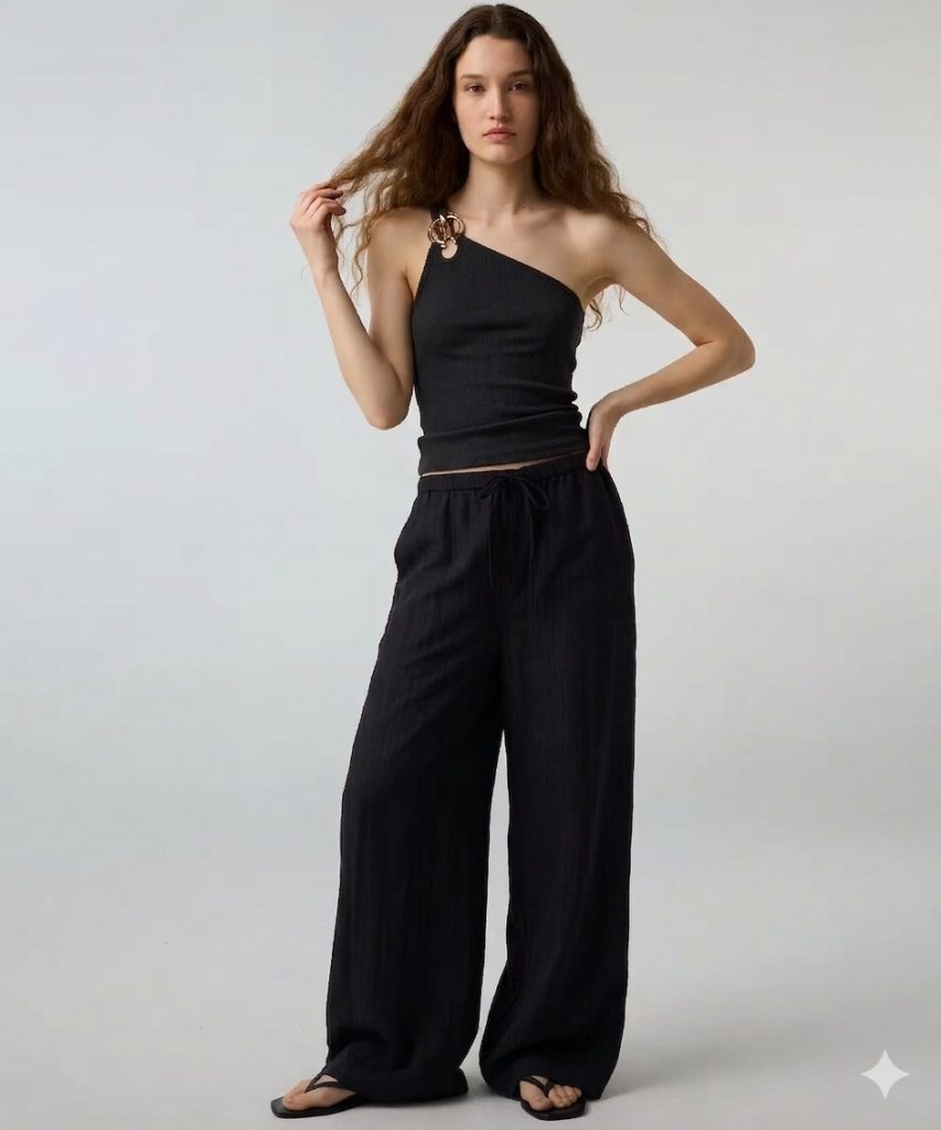 İPEKYOL Çizgili Wide Leg Pantolon IS1260003193 - Siyah