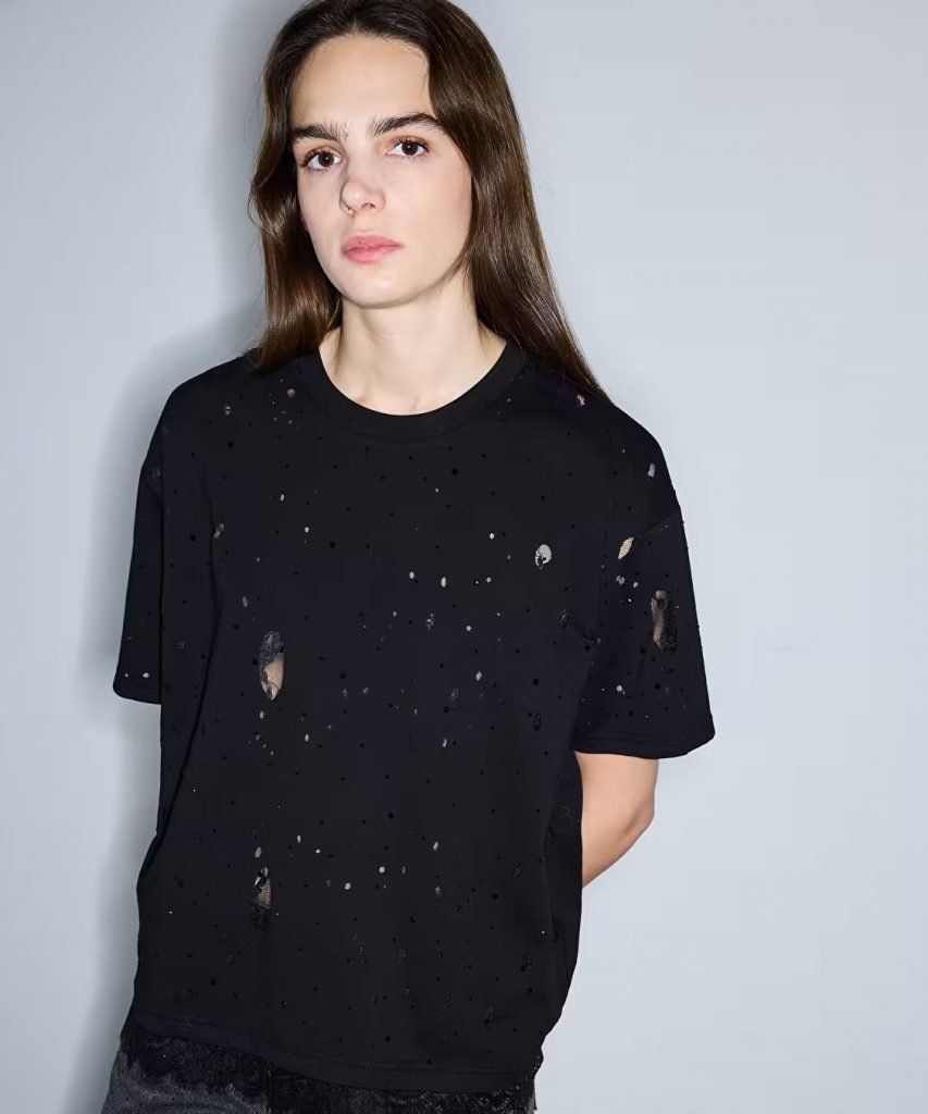 İPEKYOL Eskitme Efektli Kumaş Mix Tişört IS1260070098 - Siyah