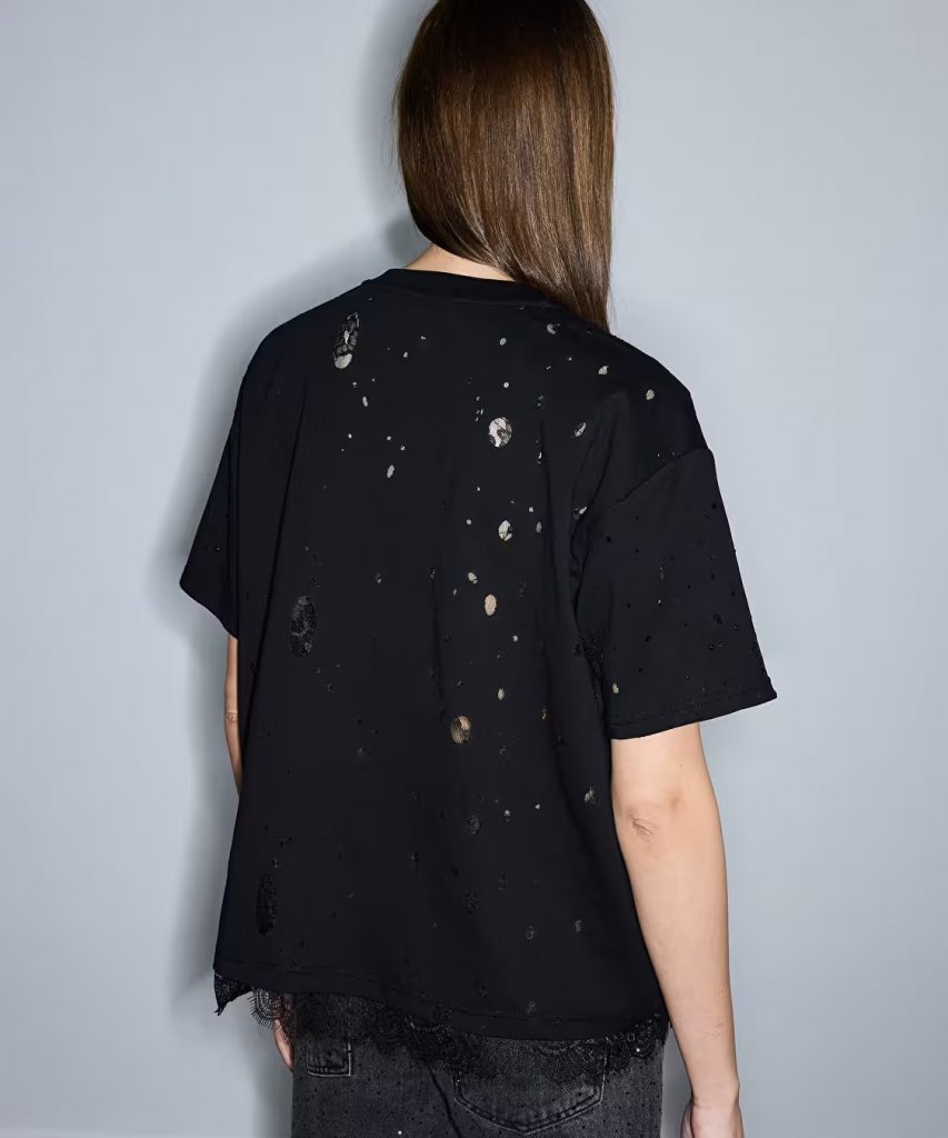 İPEKYOL Eskitme Efektli Kumaş Mix Tişört IS1260070098 - Siyah