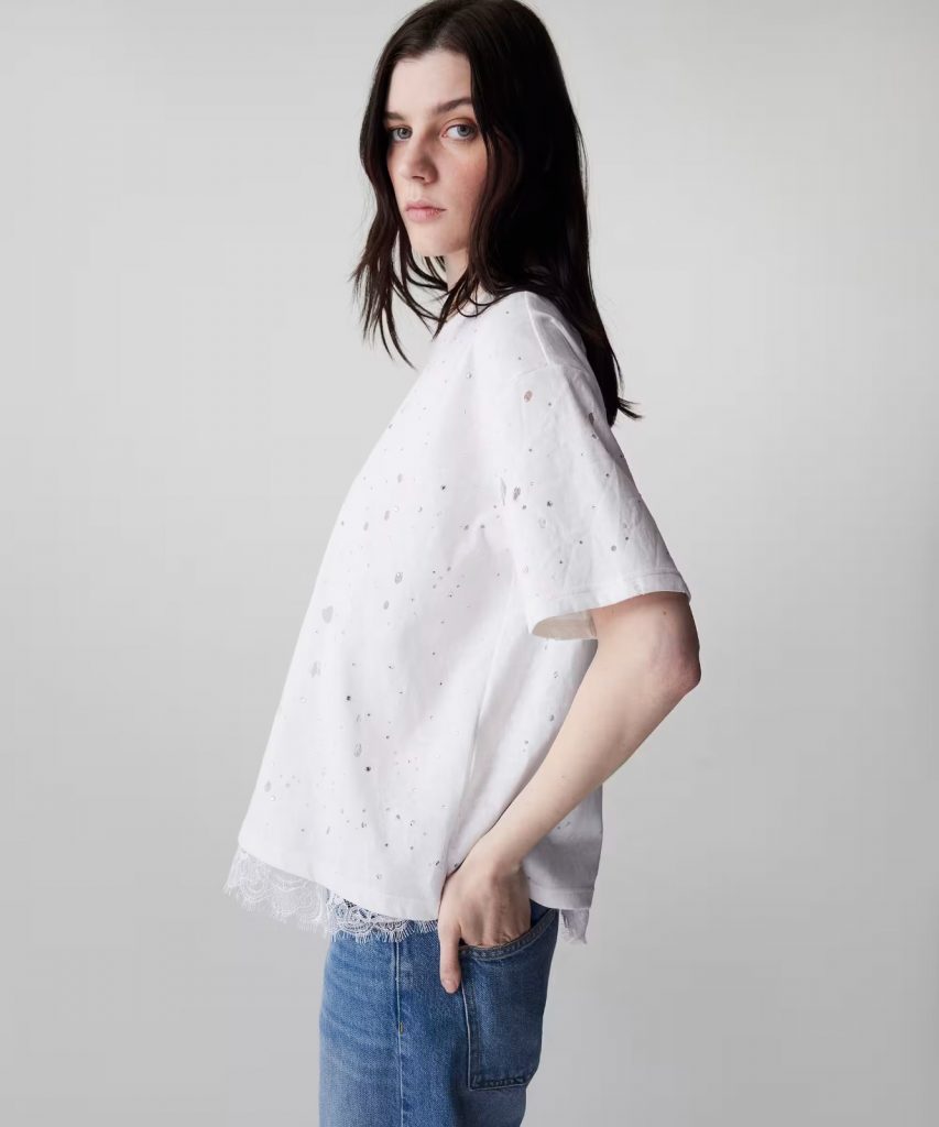 İPEKYOL Eskitme Efektli Kumaş Mix Tişört IS1260070098 - Beyaz