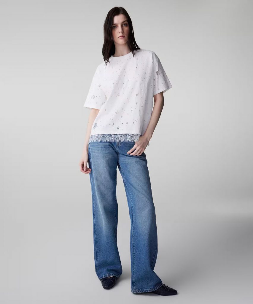 İPEKYOL Eskitme Efektli Kumaş Mix Tişört IS1260070098 - Beyaz