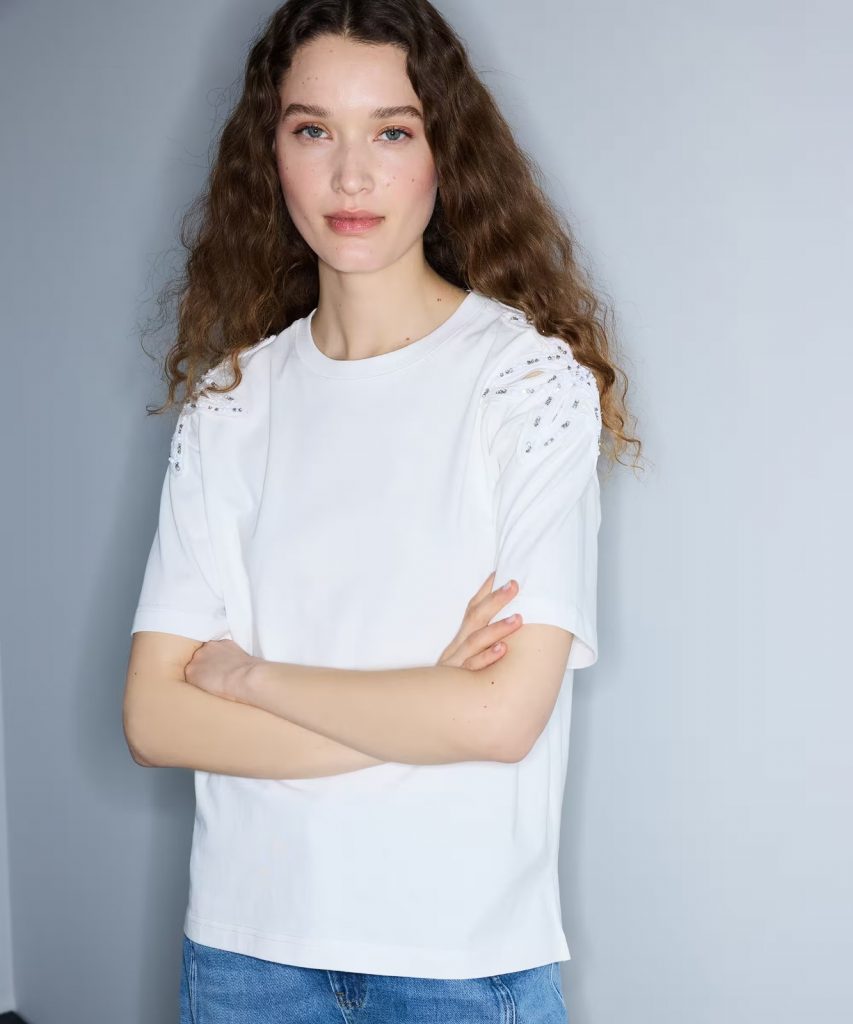 İPEKYOL Nakışlı ve Aplikeli Cutout Tişört IS1260070214 - Beyaz