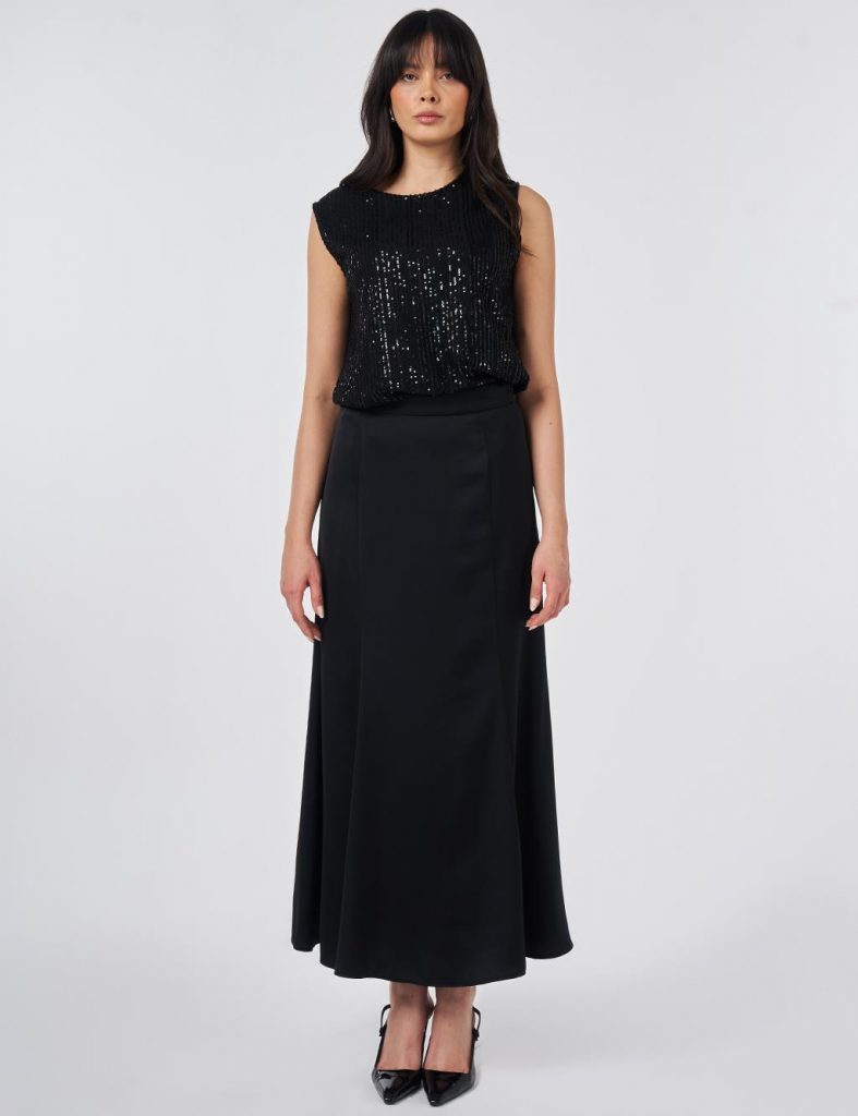 KAYRA Yüksek Bel Saten Evaze Etek 12048 - Siyah