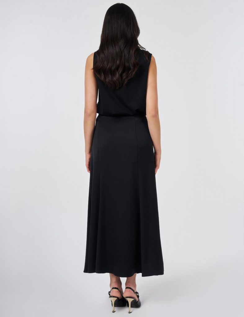 KAYRA Yüksek Bel Saten Evaze Etek 12048 - Siyah