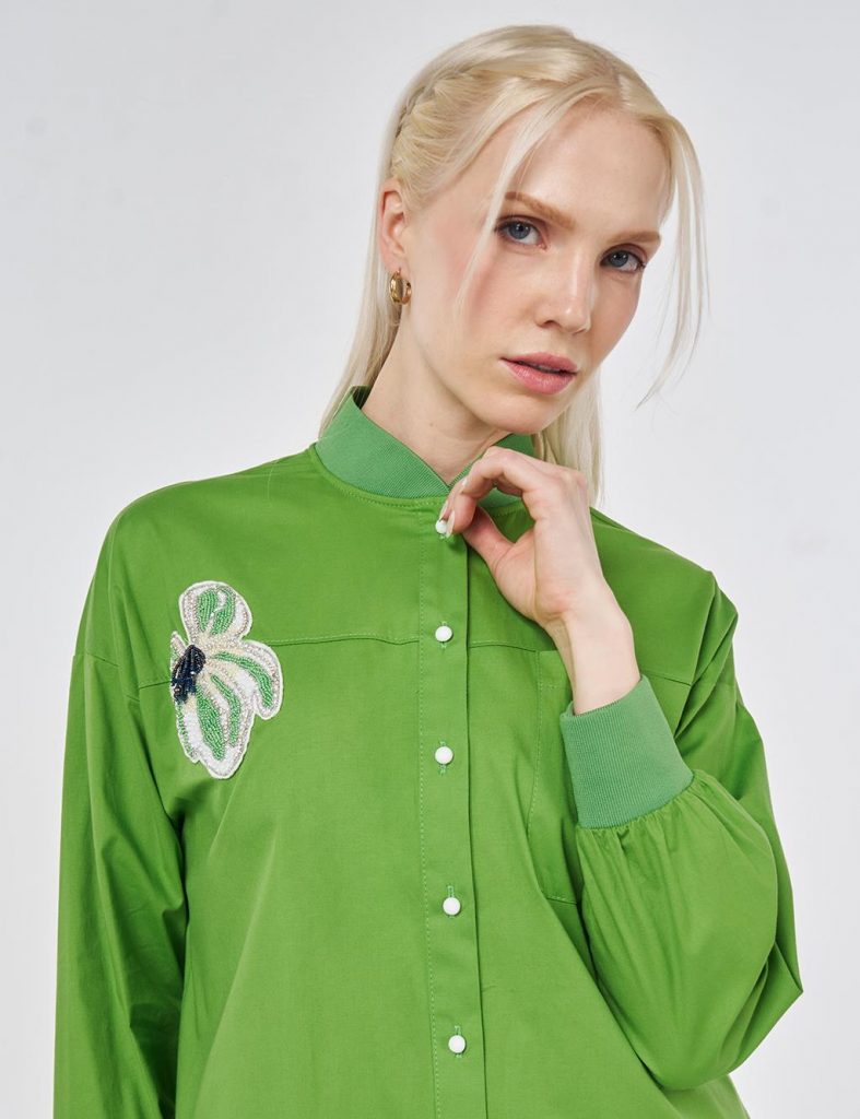 KAYRA Kolej Yaka İşleme Detaylı Pamuklu Bluz 71016 - FISTIK YEŞ