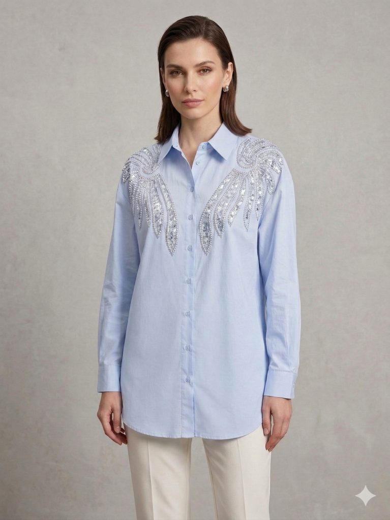 KAYRA Boncuk İşlemeli Tunik 21046 - MAVİ