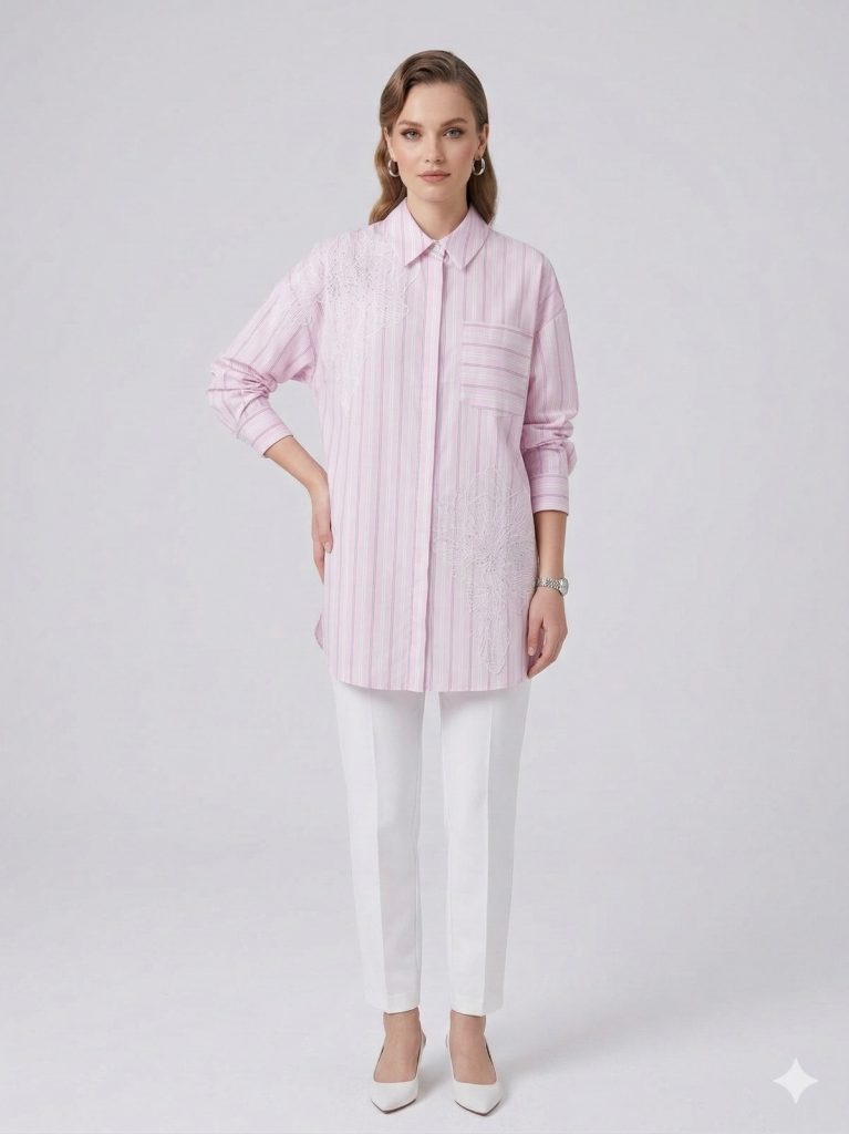 KAYRA Boncuk ve Çiçek İşlemeli Tunik 21123 - PUDRA