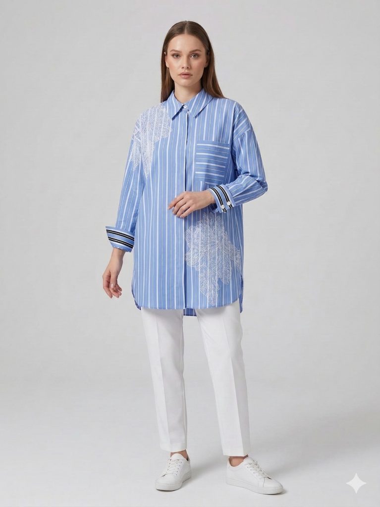 KAYRA Boncuk ve Çiçek İşlemeli Tunik 21123 - HAVACI MAVİ