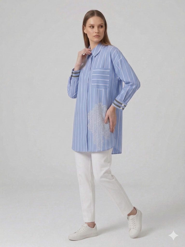 KAYRA Boncuk ve Çiçek İşlemeli Tunik 21123 - HAVACI MAVİ