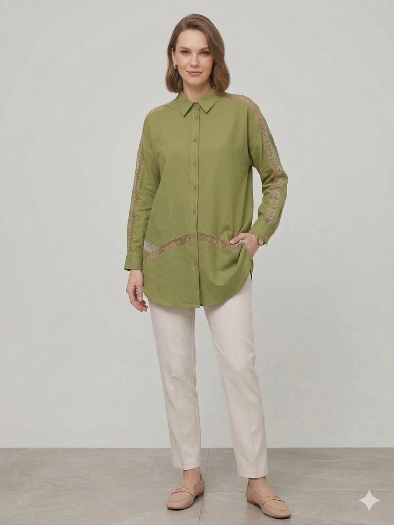 KAYRA Omuz ve Bel Dantel Detaylı Tunik 21129 - MATCHA YEŞİLİ