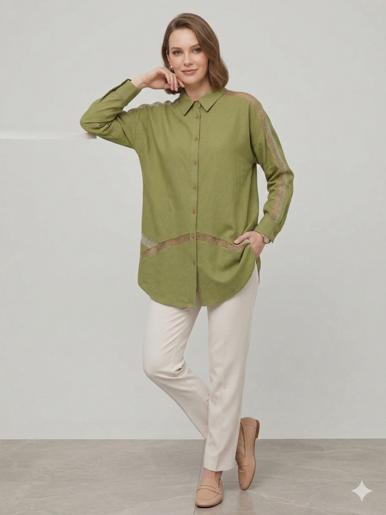 KAYRA Omuz ve Bel Dantel Detaylı Tunik 21129 - MATCHA YEŞİLİ
