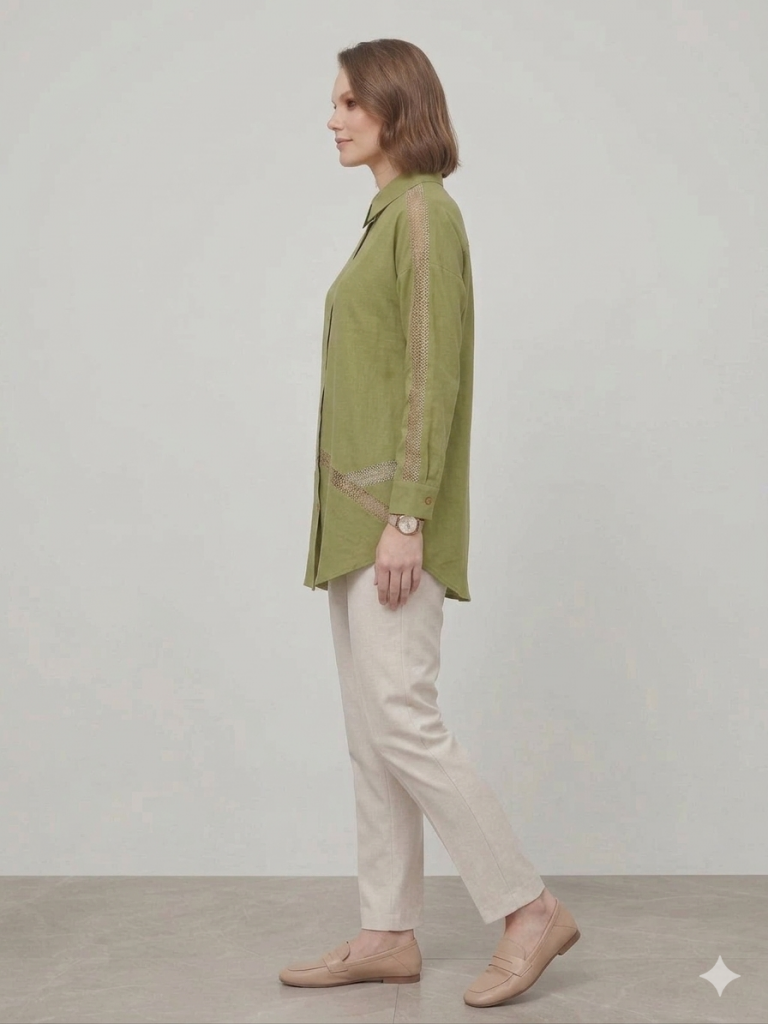 KAYRA Omuz ve Bel Dantel Detaylı Tunik 21129 - MATCHA YEŞİLİ