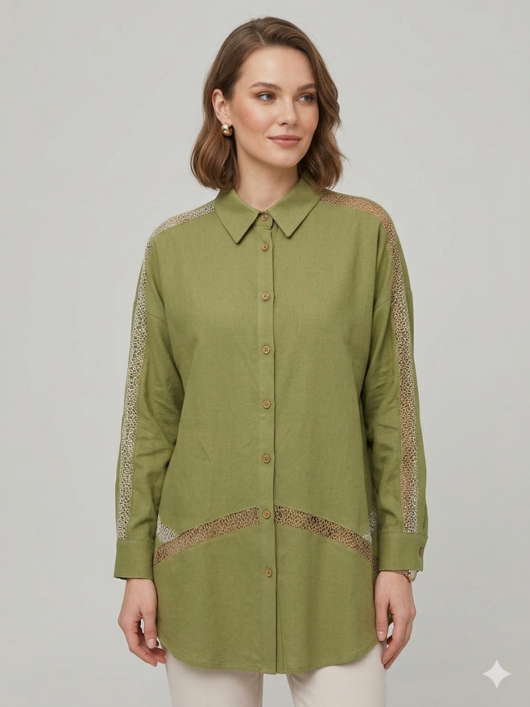 KAYRA Omuz ve Bel Dantel Detaylı Tunik 21129 - MATCHA YEŞİLİ