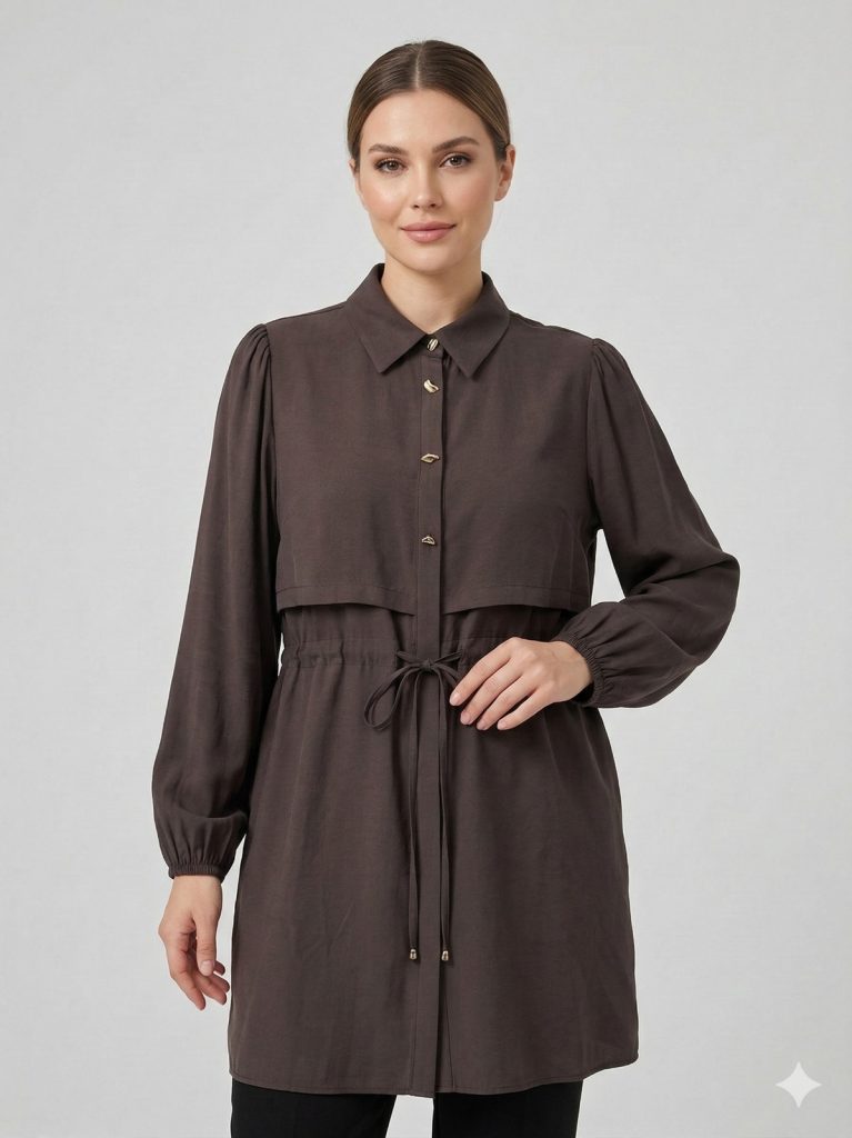 KAYRA Beli Bağcıklı Kolları Lastikli Tunik 21170 - K.KAHVE