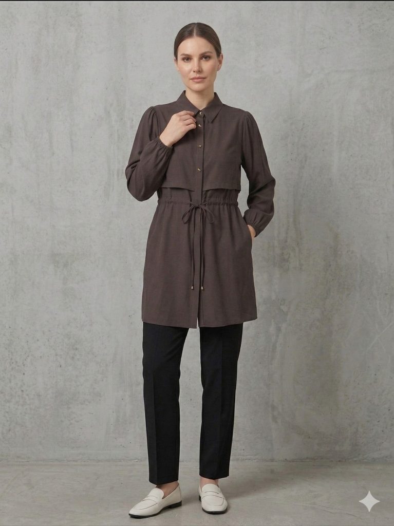 KAYRA Beli Bağcıklı Kolları Lastikli Tunik 21170 - K.KAHVE