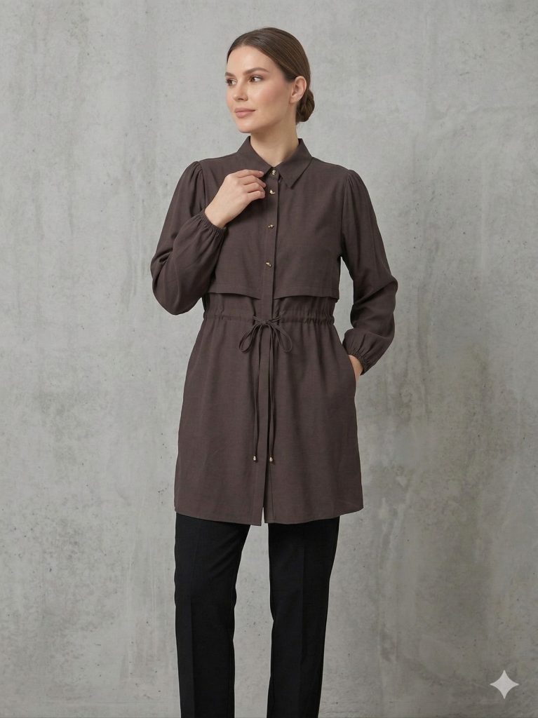 KAYRA Beli Bağcıklı Kolları Lastikli Tunik 21170 - K.KAHVE