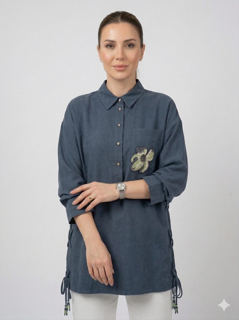 KAYRA Kendinden İşlemeli Çiçek Detaylı Tunik  81050