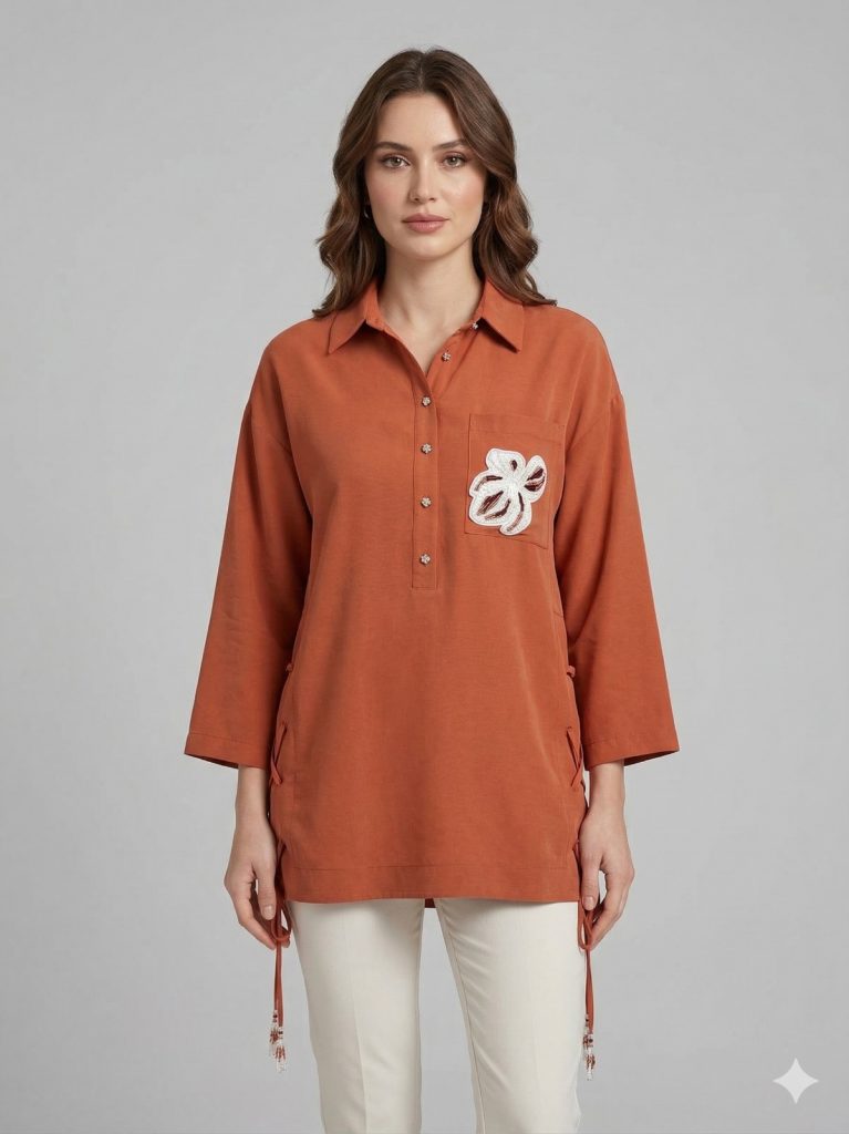 KAYRA Kendinden İşlemeli Çiçek Detaylı Tunik  81050 - KİREMİT