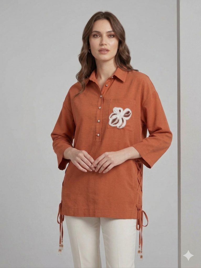 KAYRA Kendinden İşlemeli Çiçek Detaylı Tunik  81050 - KİREMİT