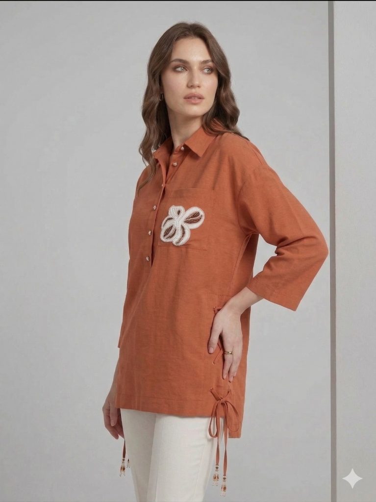 KAYRA Kendinden İşlemeli Çiçek Detaylı Tunik  81050 - KİREMİT