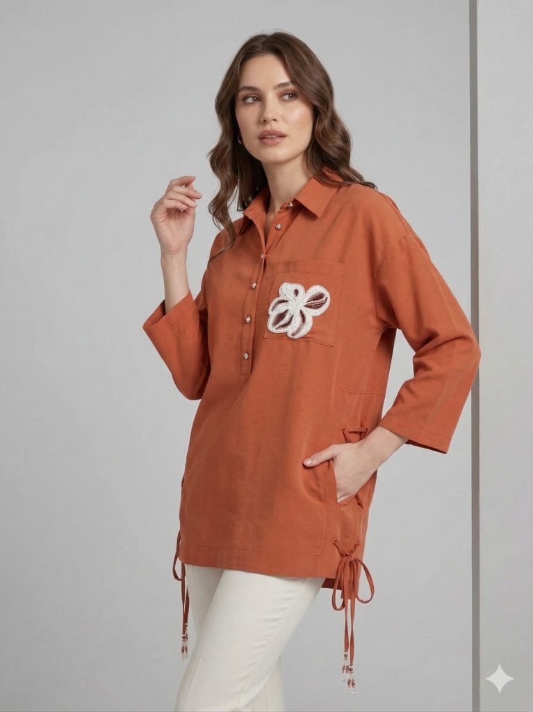 KAYRA Kendinden İşlemeli Çiçek Detaylı Tunik  81050 - KİREMİT